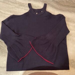 Knitted & Knotted Navy Blue Burgundy Cold Shoulder Cotton Sweater Flare Size XS
